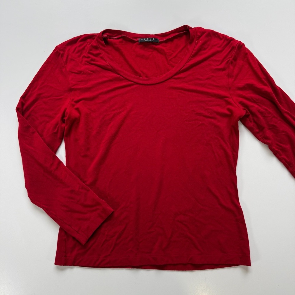 SISLEY Long Sleeve Scoop Neck Top Womens Medium Red Soft Made in Italy Stretch